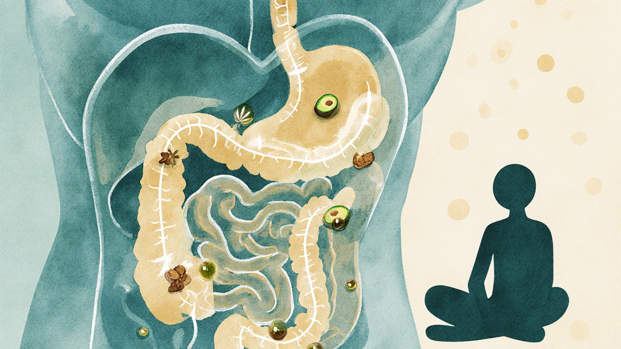 Animierte Darstellung der THC-Aufnahme im Darm, unterstützt durch gesunde Fette.