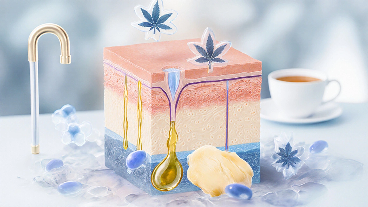 Cross-Section der Haut mit CBD, das die Ceramid-Produktion anregt.