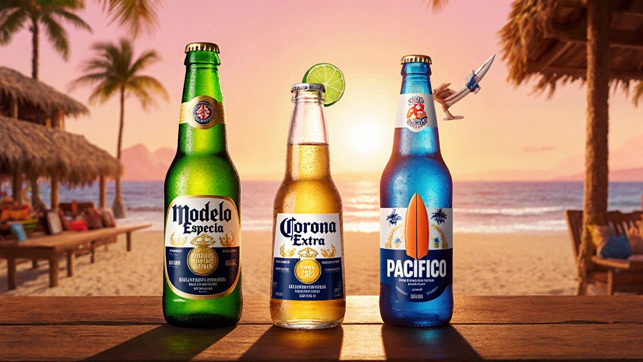 Drei mexikanische Bierflaschen (Modelo, Corona mit Limette, Pacifico) auf Strandtisch bei Sonnenuntergang.