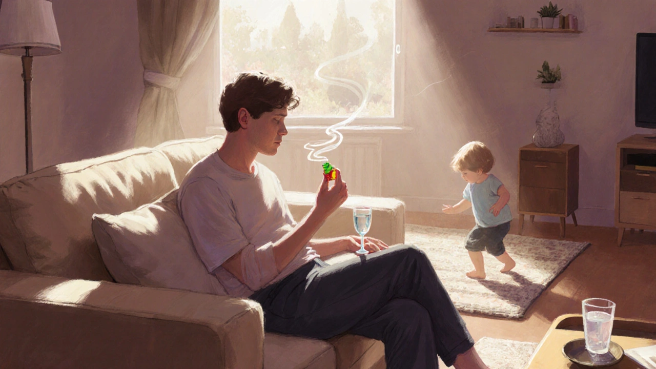 Entspannte Person auf dem Sofa mit Gummi, Wasser und spielendem Kind im Hintergrund, Symbol für sichere Nutzung.