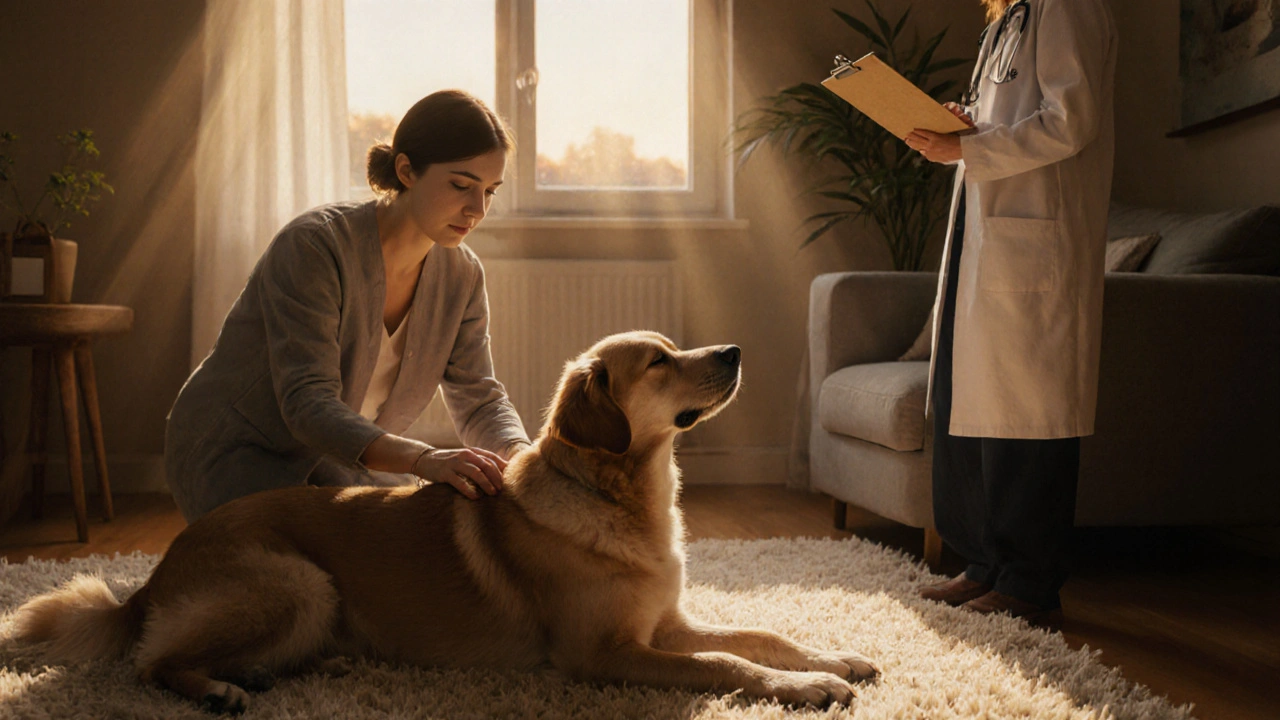 Entspannter Hund zu Hause, Besitzer streichelt, Tierarzt bespricht.