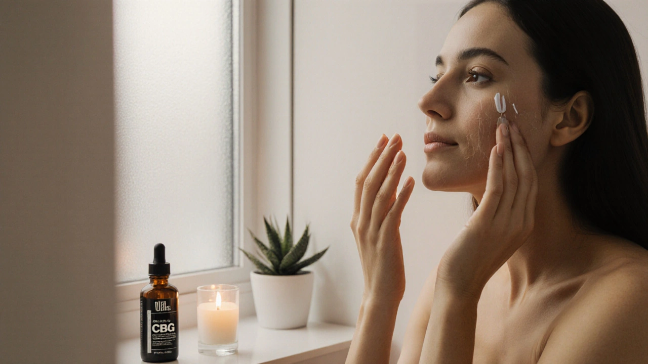 Frau trägt CBG‑Serum im hellen Badezimmer auf.
