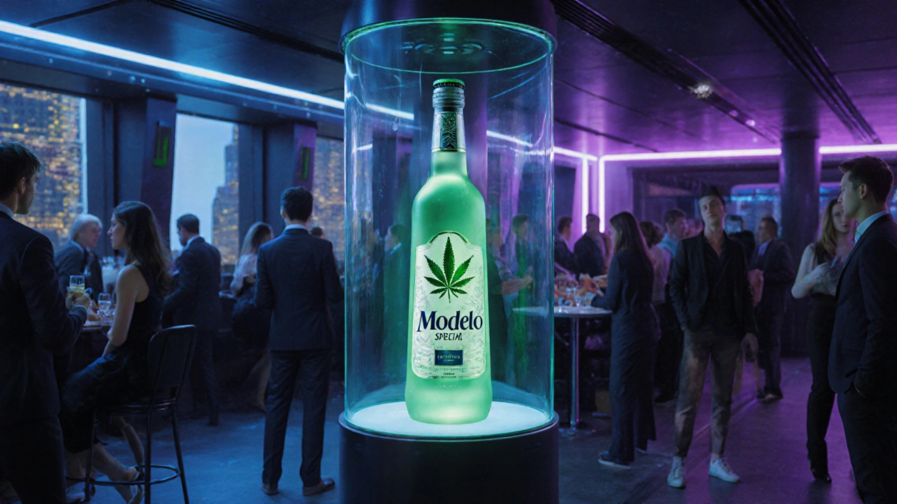 Futuristischer Lounge-Display mit leuchtender Modelo Special-Cannabis-Flasche und neongelbem Licht.