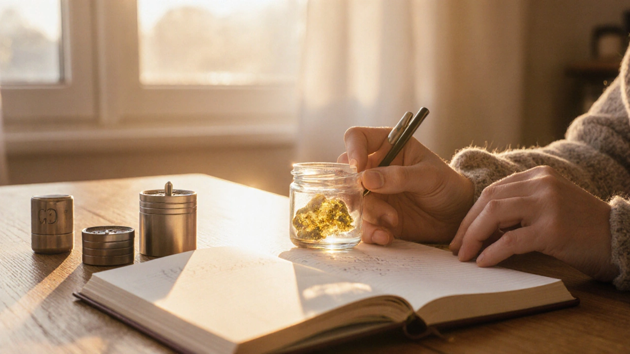 Gemütliche Szene mit Notizbuch, Grinder und Glasbehälter für CBD‑Shatter im Morgenlicht.