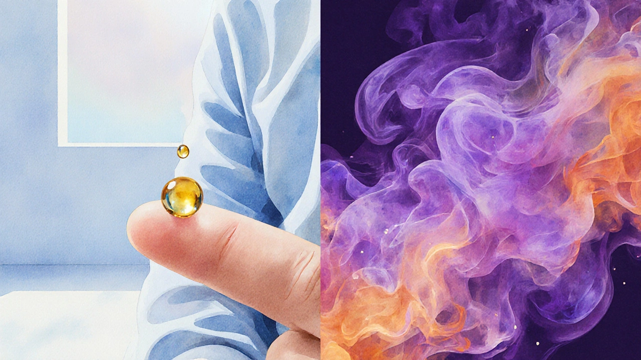 Geteiltes Bild: entspannte Person mit CBD‑Öl vs. bunte THC‑Dämpfe.