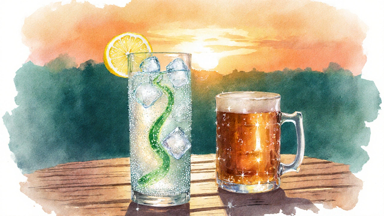 Glas mit sprudelnder Cannabis‑Limonade, Eiswürfeln, Zitronenscheibe und zweitem Glas Bier zum Vergleich.