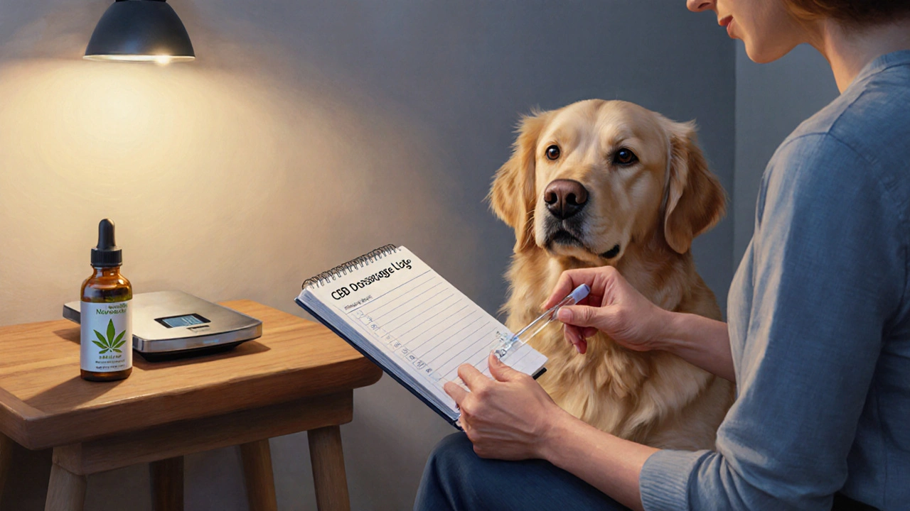 Hundebesitzer notiert CBD‑Dosis, misst Öl, während entspannter Golden Retriever daneben sitzt.