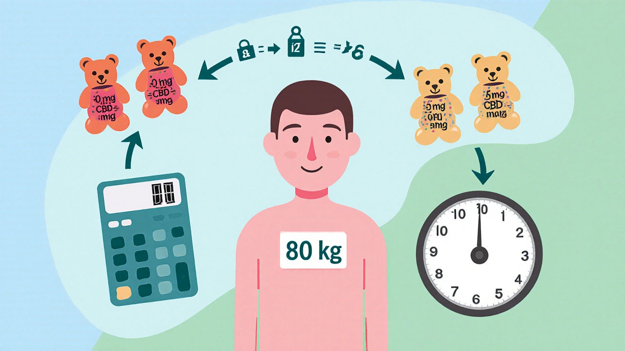 Illustration einer Dosierungsrechnung: Waage, Taschenrechner, 80 kg‑Person und Gummibärchen.