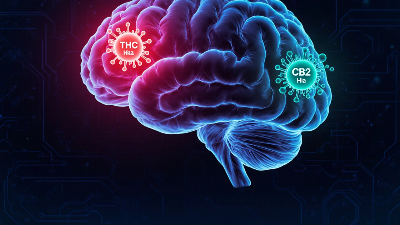 Illustration eines Gehirns mit THC‑Bindung an CB1‑Rezeptoren und CBD‑Modulation.