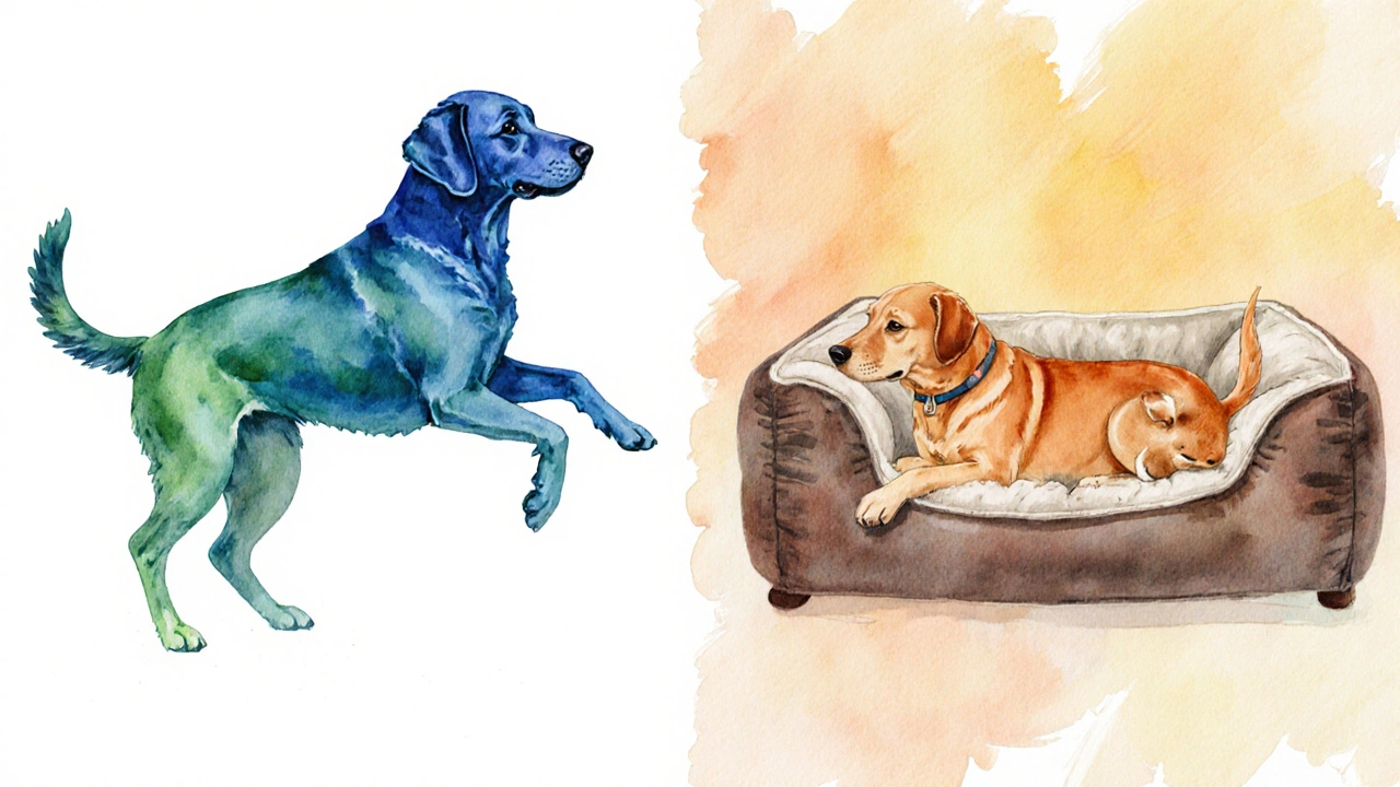 Labrador vor und nach CBD‑Gabe: aktiv und angespannt links, entspannt und schlaff rechts.