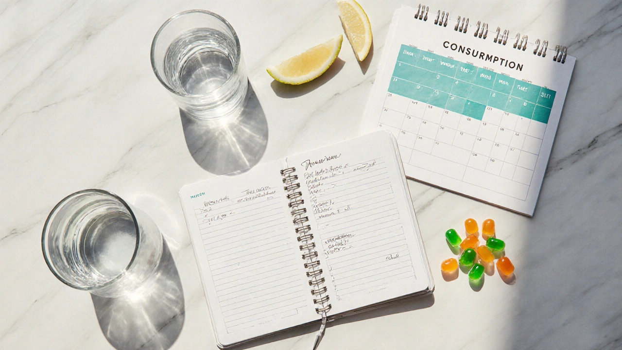 Logbuch, Kalender und Gummis in einem Flat‑Lay zeigen geplante Einnahmezyklen und Pausen.