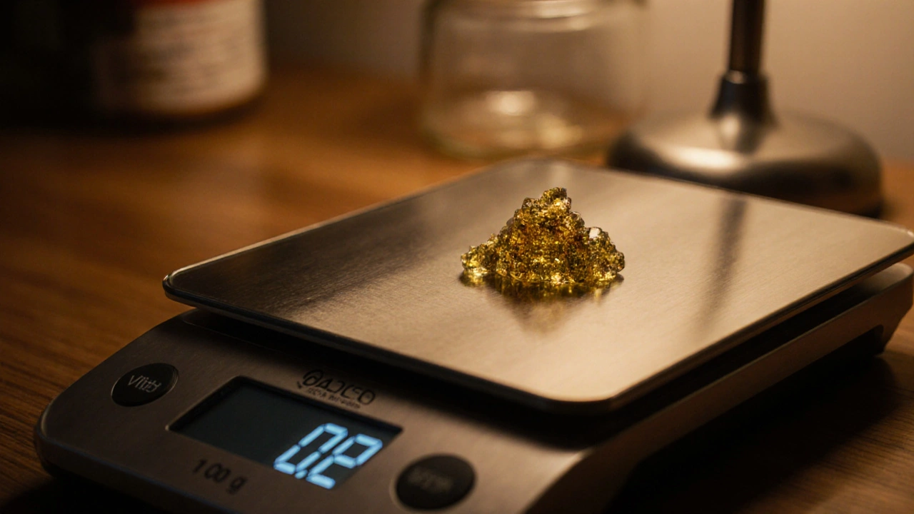 Makroaufnahme einer Waage, die 0,02 g CBD‑Shatter misst, beleuchtet von warmem Licht.