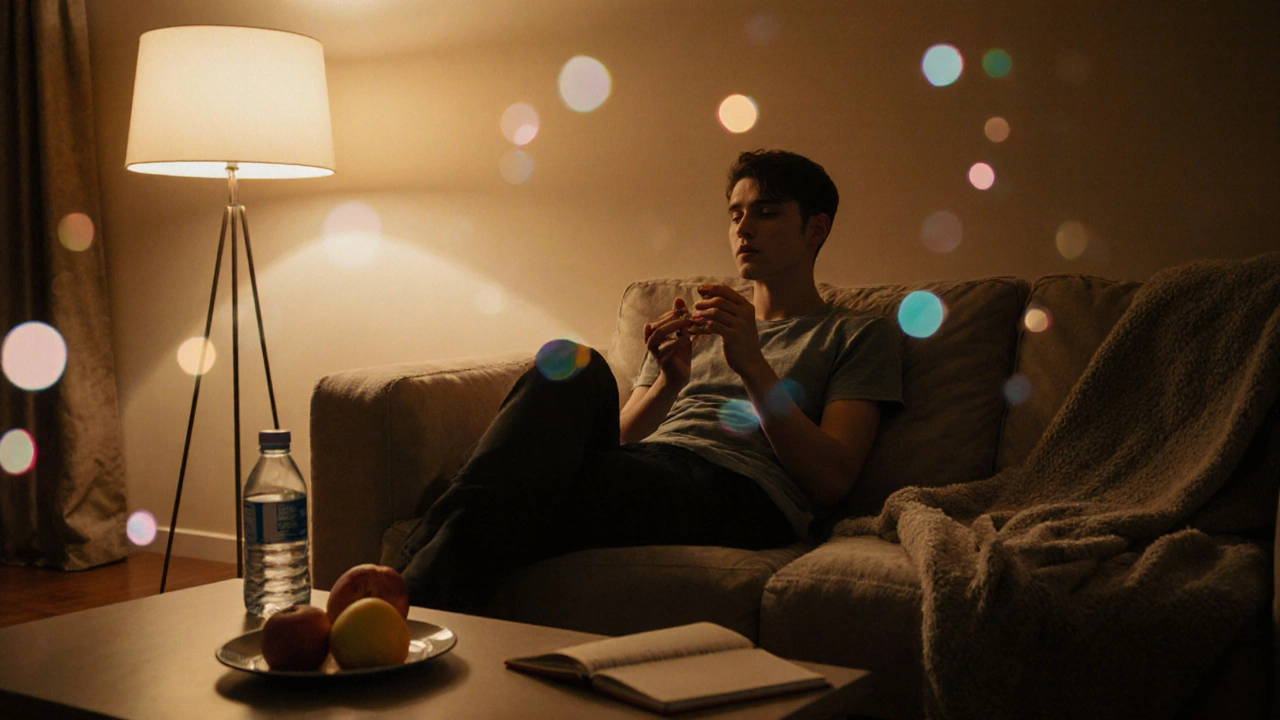 Person entspannt auf einem Sofa mit Snacks und Wasser, warme Beleuchtung, leichte Bokeh‑Effekte.