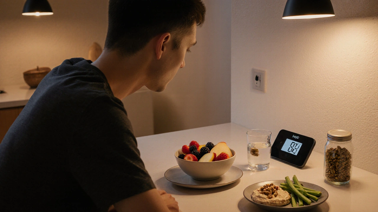Person greift nach Obst und Nüssen nach HHC‑Konsum, mit Waage und HHC‑Blüten im Hintergrund.
