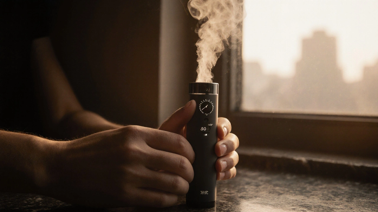 Person inhaliert Dampf aus modernem Vaporizer, sichtbarer Dampf.