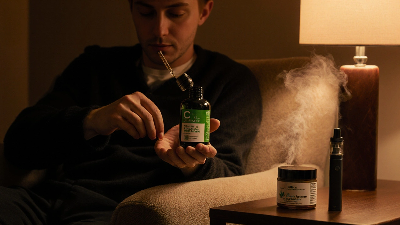 Person nutzt CBD‑Öl und topische Creme, entspannte Atmosphäre im Wohnzimmer.