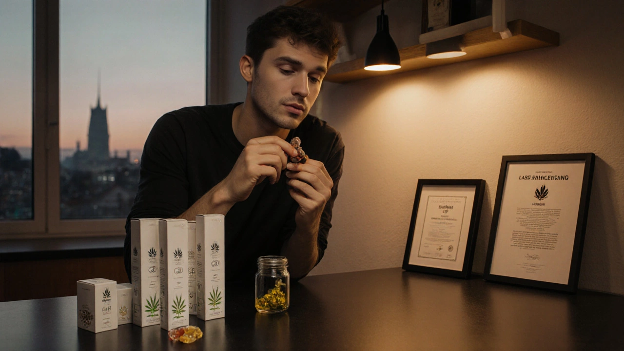 Person prüft ein Hemp‑Gummy in einer gemütlichen deutschen Küche bei Dämmerlicht.