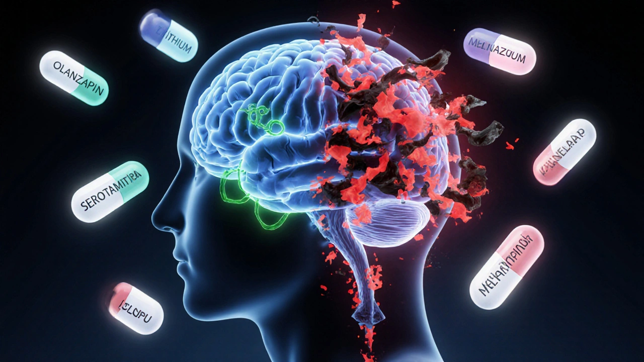 Transluzenter Menschengehirn mit farbigen Neurotransmittern und psychiatrischen Medikamenten
