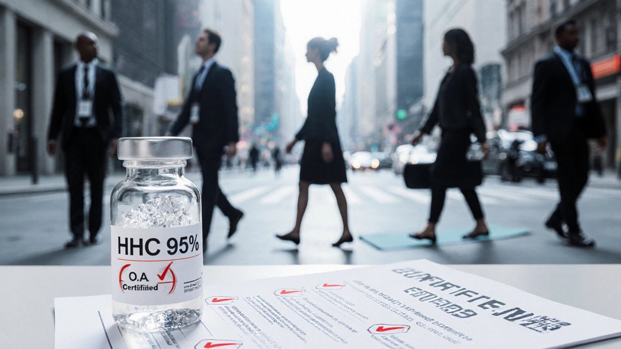 Transparentes HHC-Gefäß mit Zertifikat, dahinter Menschen in Alltagssituationen.