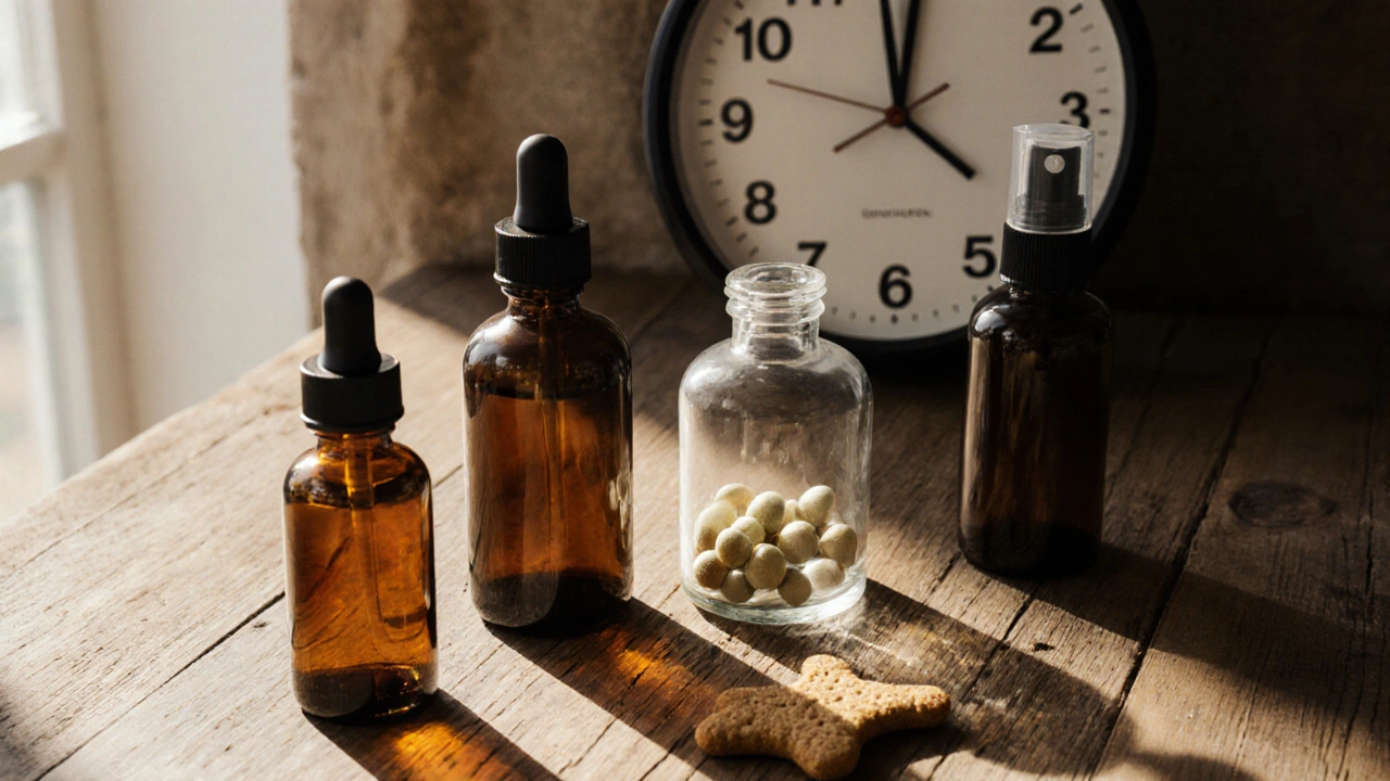 Vier CBD‑Produktformen (Öl, Kapsel, Leckerli, Spray) nebeneinander auf Tisch.