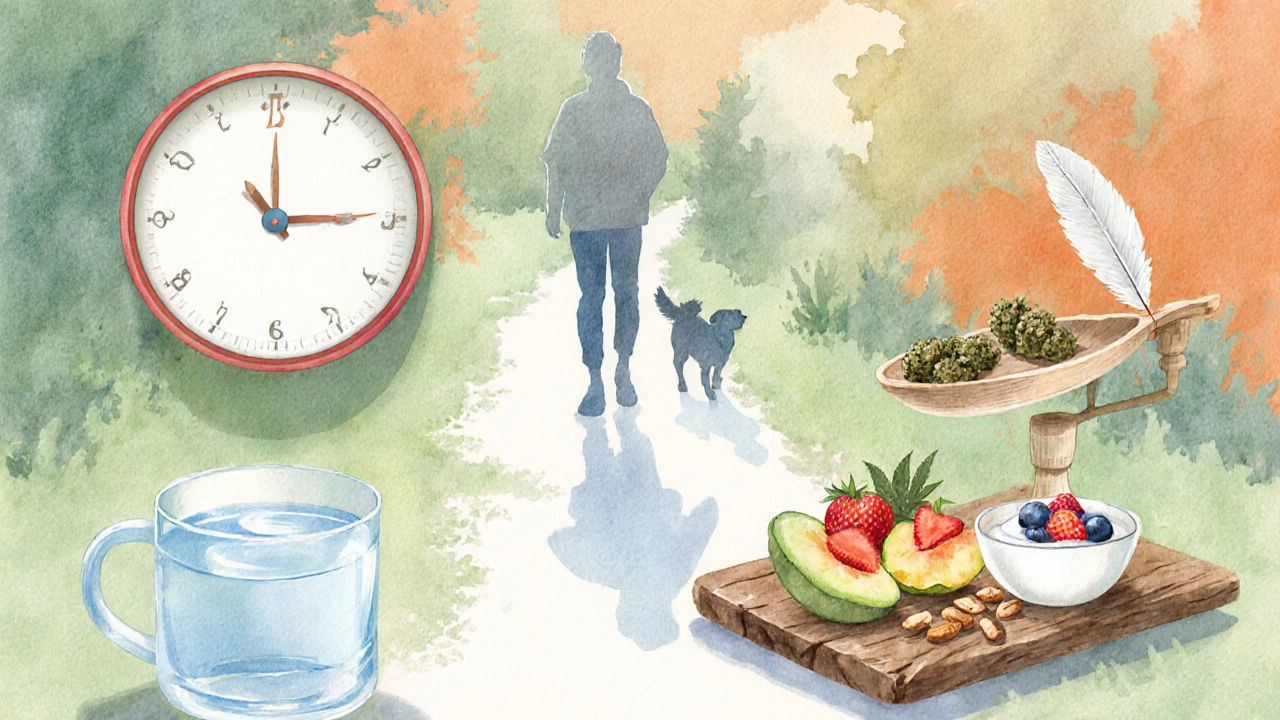 Visuelle Darstellung von Tipps: frühes HHC, Wasser trinken, Spaziergang, gesunde Snacks, Dosierung.