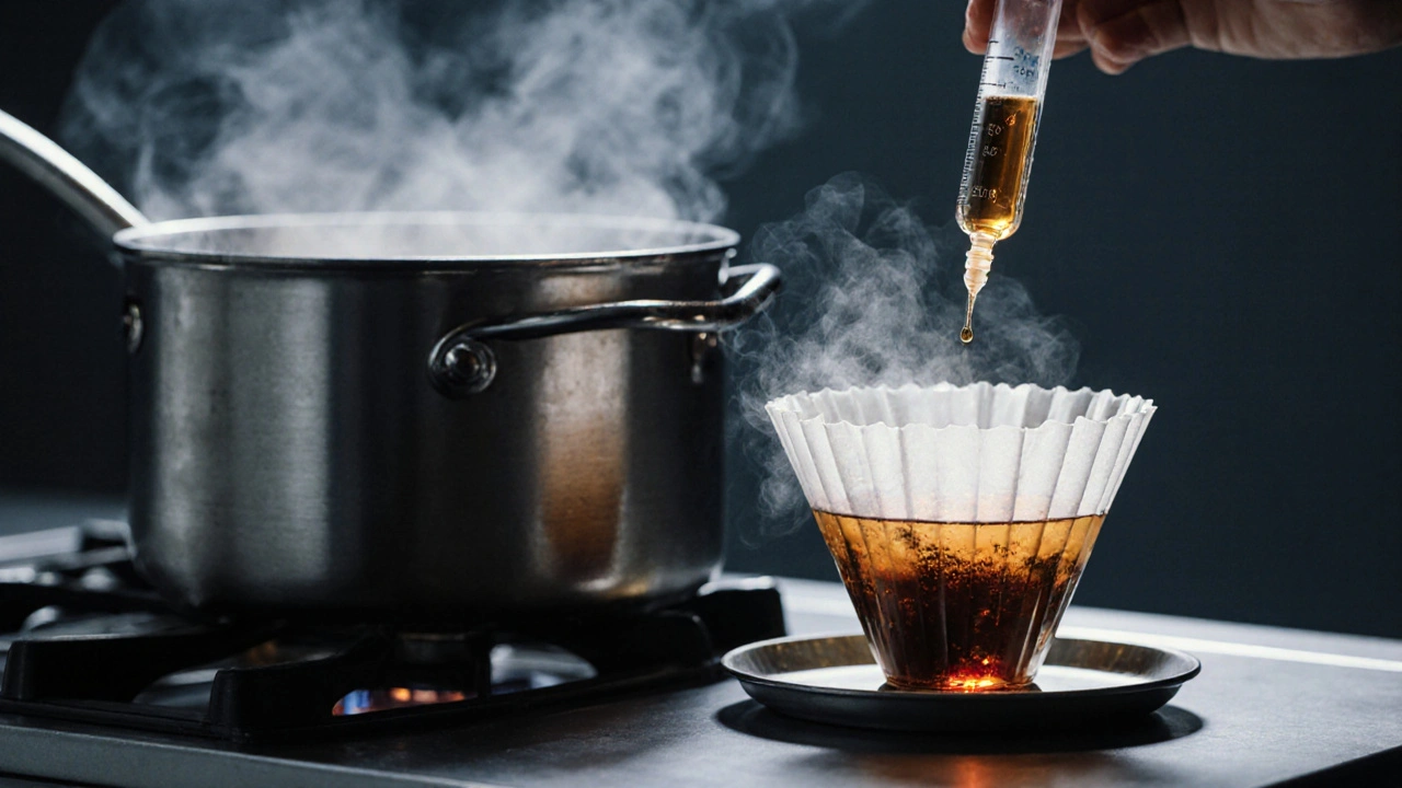 Wasserbad mit Glasbehälter, Cannabis‑Extrakt, Messspritze und Kaffeefilter beim Extraktionsschritt.