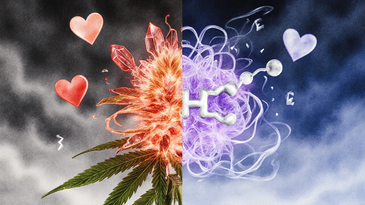 Wasserfarb-Illustration: Delta-9 mit intensiver Energie vs. HHC mit sanfter, langer Wirkung.