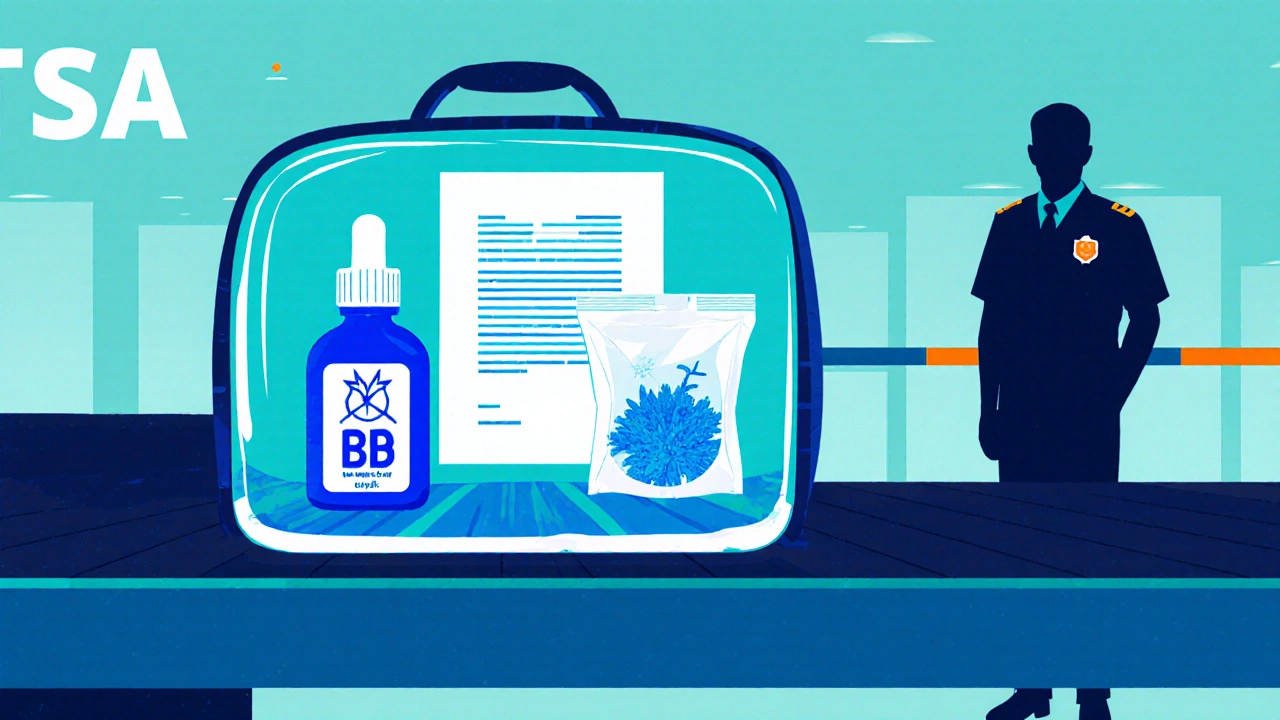 X‑Ray‑Ansicht einer Tasche mit gekennzeichneten CBD‑Produkten.
