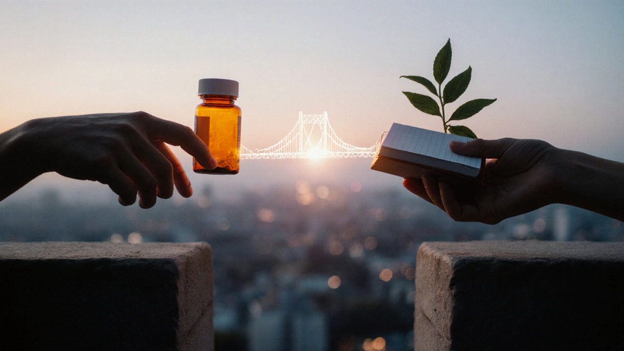 Zwei Hände erreichen sich über eine Lichtbrücke aus Medikamenten und Therapie-Notizen