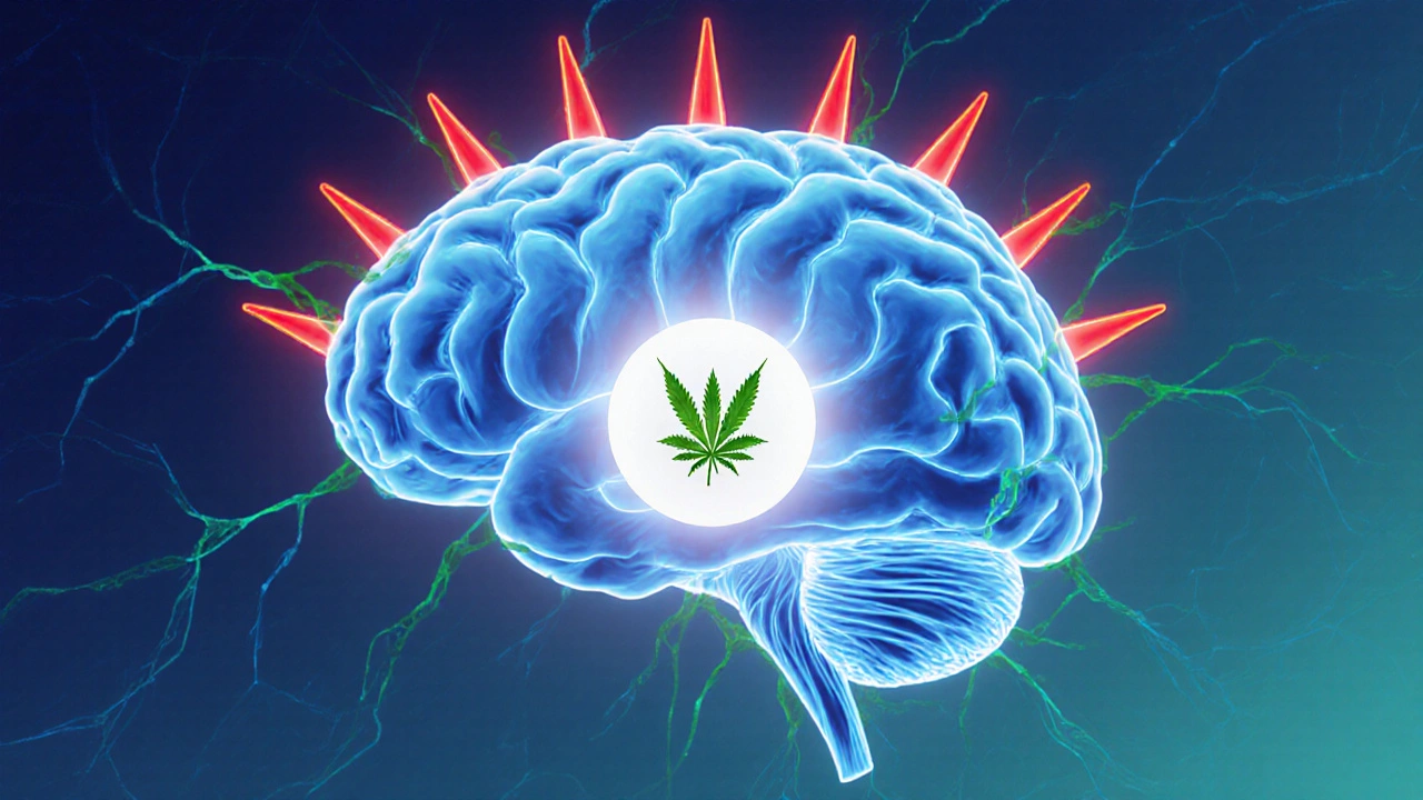 Abstrakte Darstellung eines Gehirns, bei dem eine CBD-Verbindung die Angstregion beruhigt.