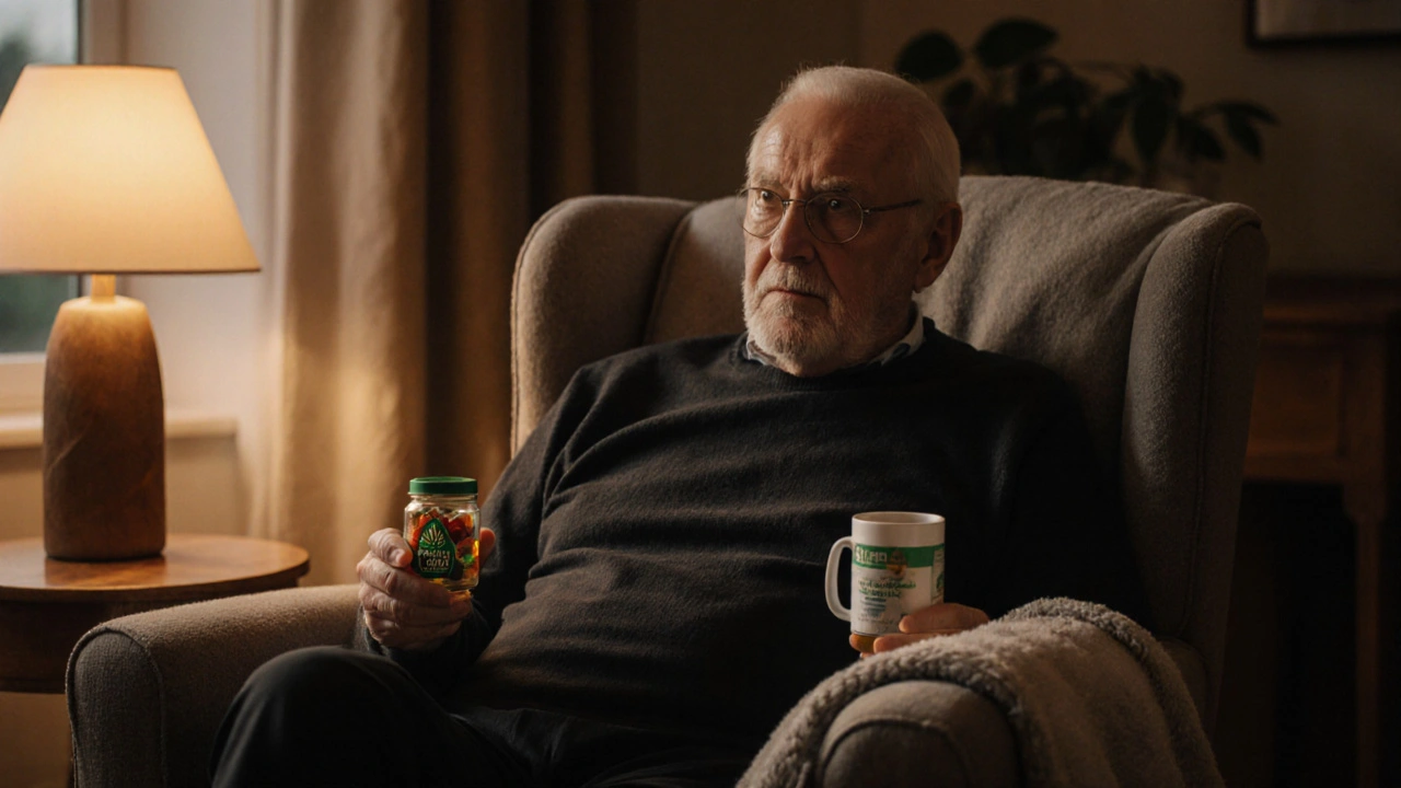Älterer Mann in Sessel mit CBD-Gummibärchen und Tee, ruhige Abendstimmung
