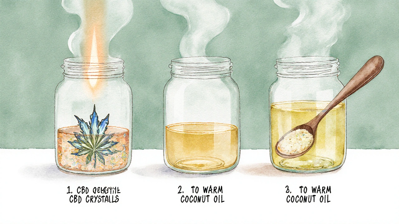 CBD-Kristalle lösen sich in warmem Kokosöl unter sanfter Wärme