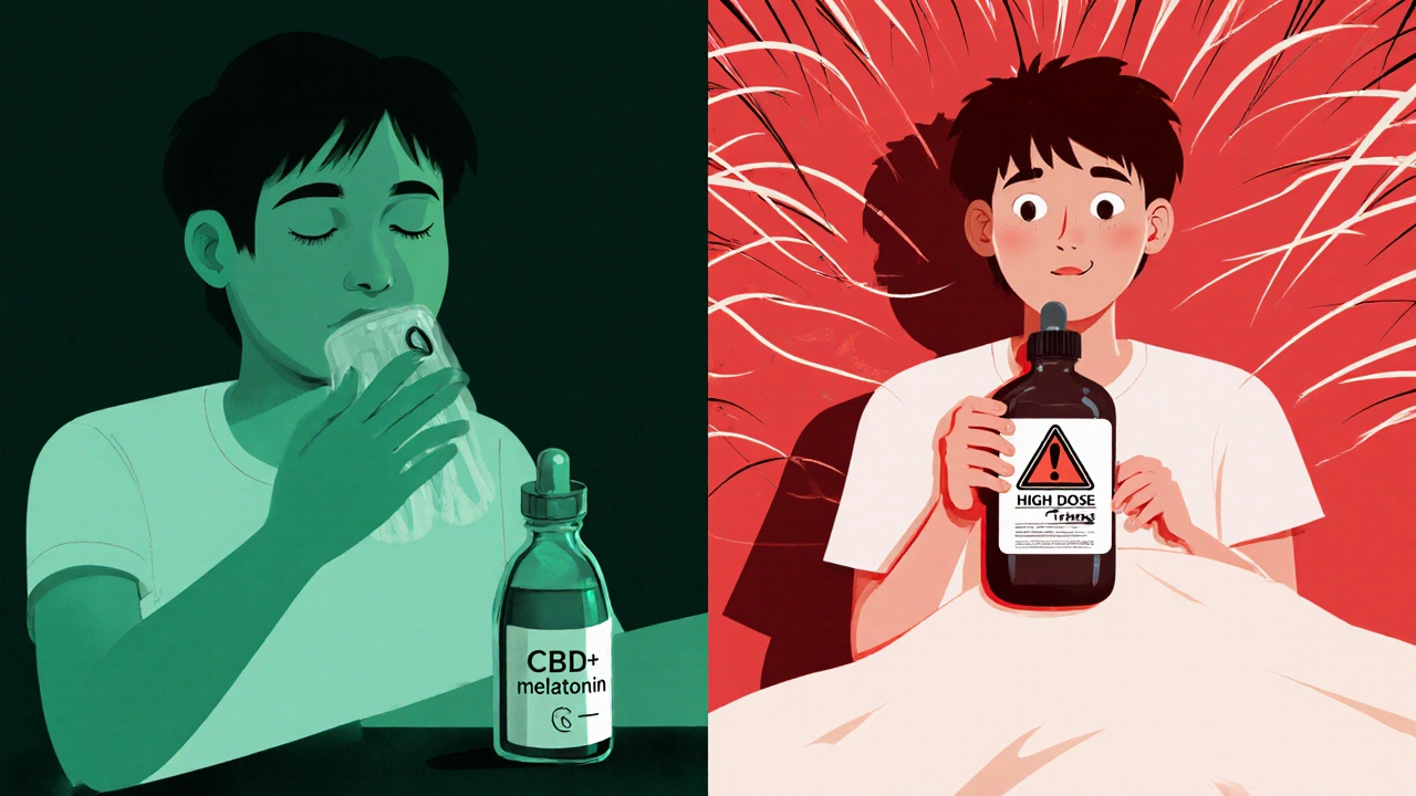 Contrasting scenes: calm person with CBD next to anxious person with high-dose CBN bottle.