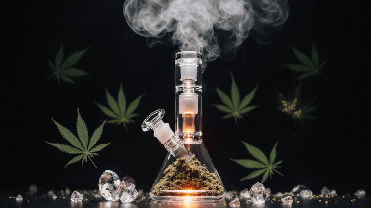 Dab-Rig verdampft CBD-Crumble, feiner Dampf steigt auf, sanftes Licht betont die Reinheit.