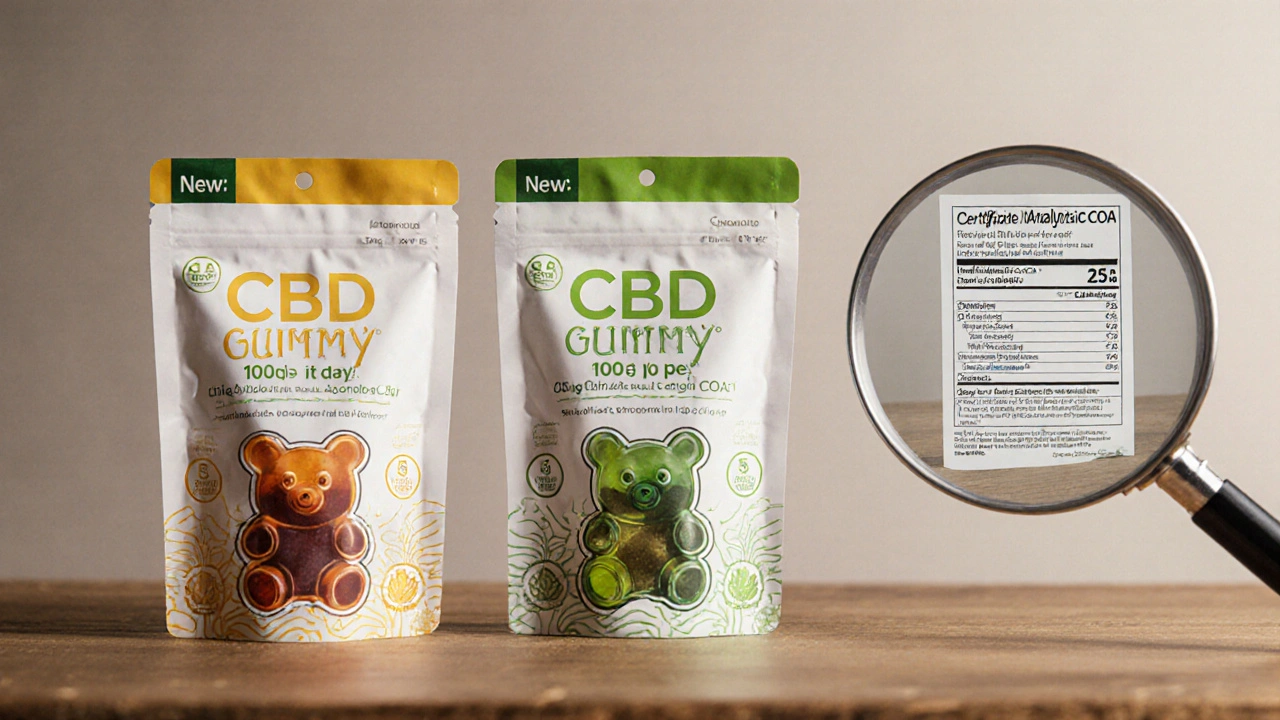 Drei CBD-Gummibärchen-Packungen mit unterschiedlichen CBD-Dosen und ein COA-Zertifikat auf Holztisch.