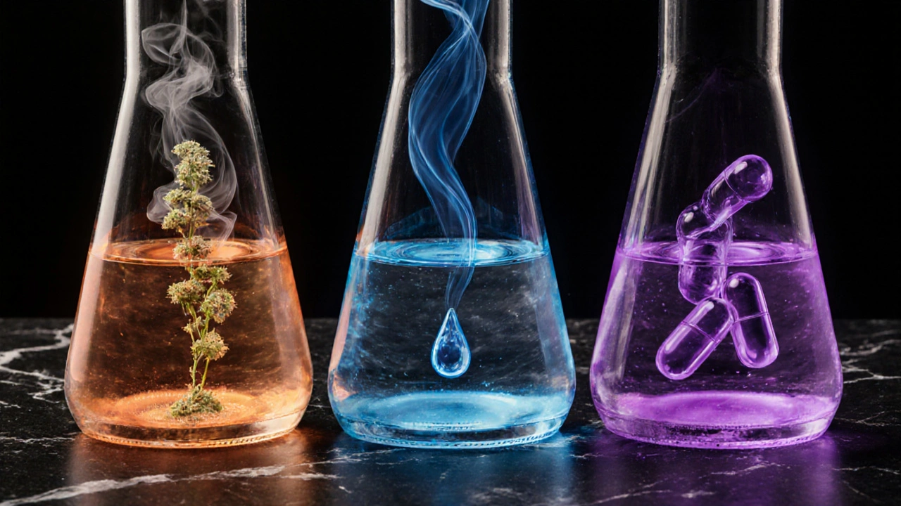 Drei CBD-Produktformen mit unterschiedlichen Wirkdauern in transparenten Gefäßen.