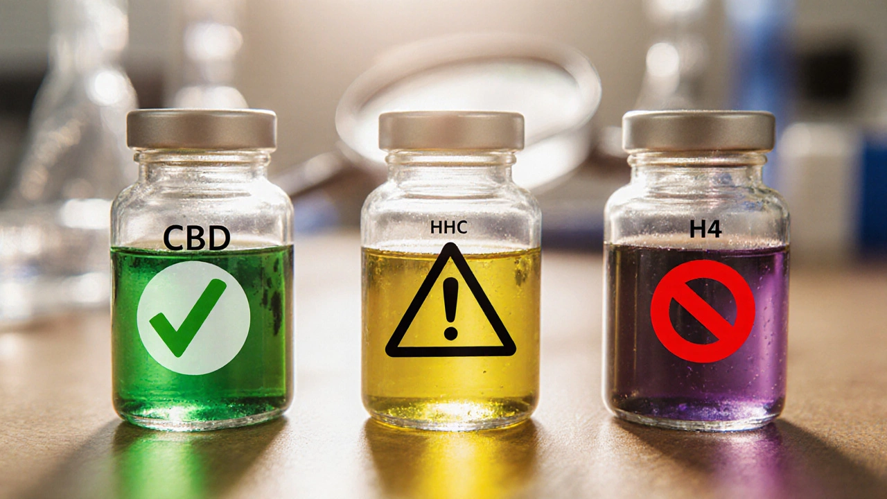 Drei Fläschchen mit CBD, HHC und H4 auf Holztisch, mit Warnsymbolen und Reinheitsunterschieden sichtbar.