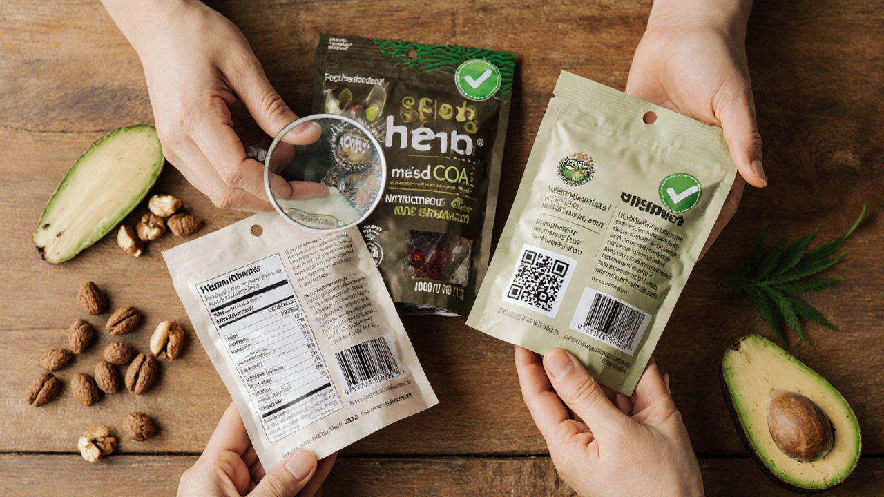 Drei Hanf-Gummibärchen-Packungen mit Qualitätssiegeln, Nüssen und Avocado auf Holztisch.