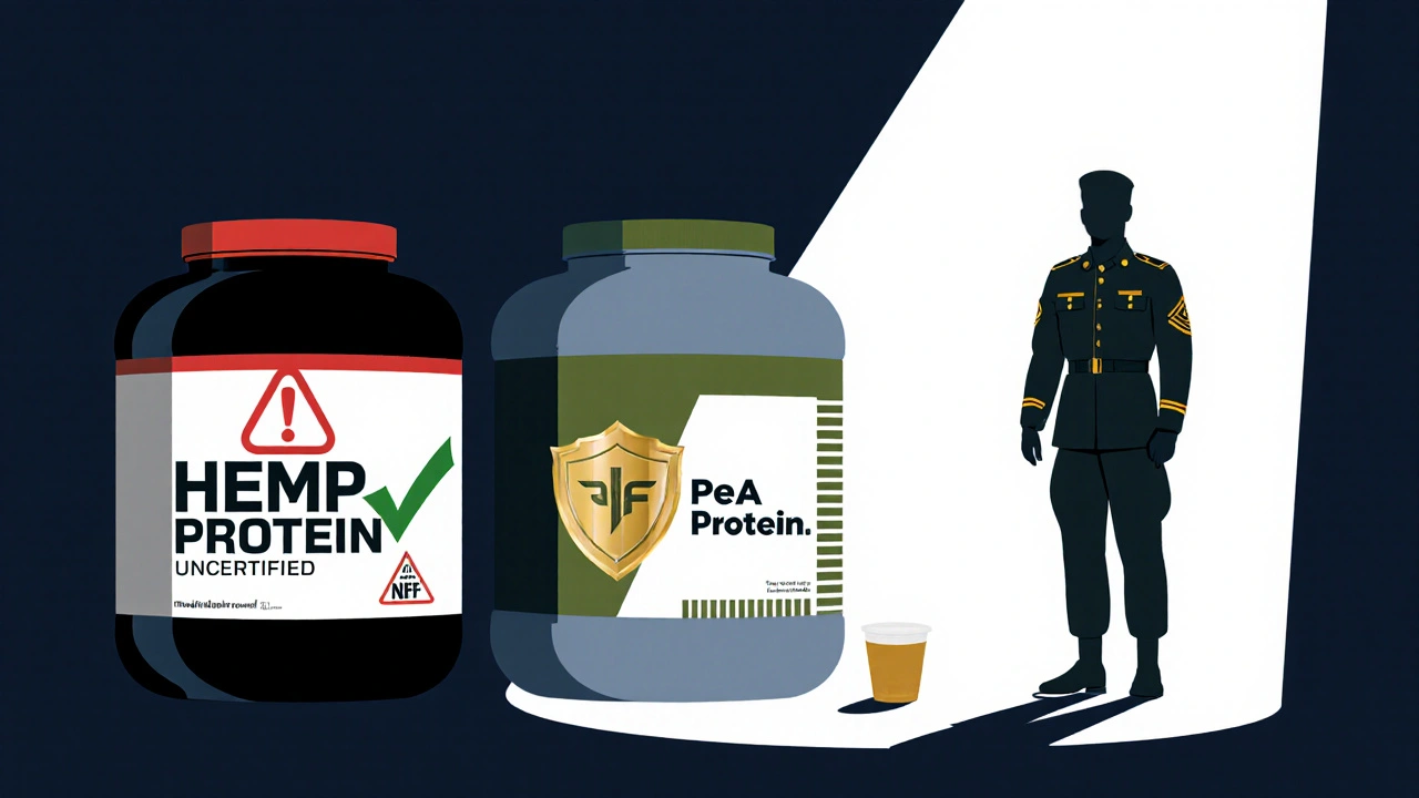 Drei Protein-Pulver-Verpackungen mit unterschiedlichen Zertifizierungen neben einem Soldaten.