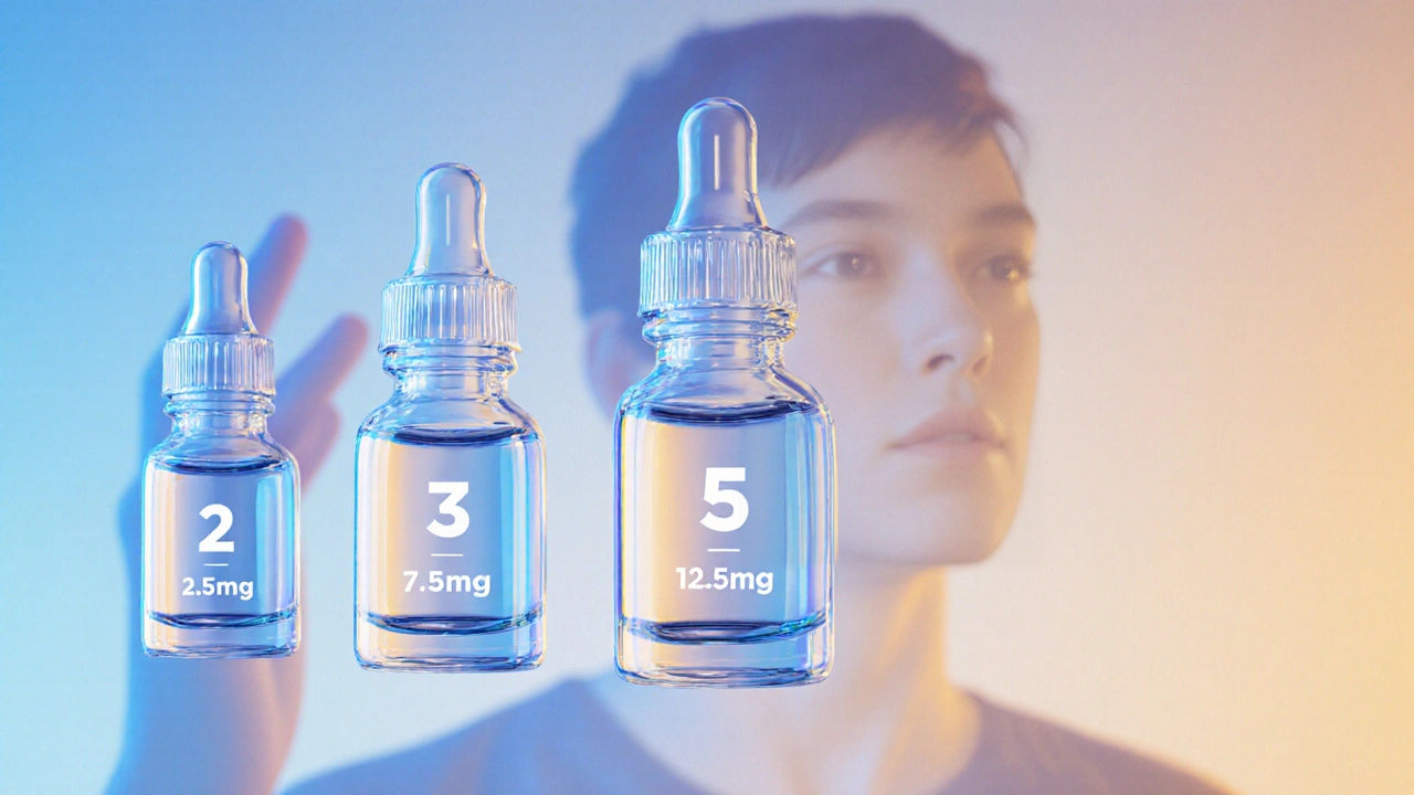 Drei Tropfen CBD-Öl in aufsteigenden Mengen, symbolisieren die schrittweise Dosierung für Anfänger.