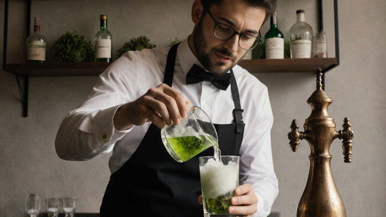 Ein Barkeeper führt das traditionelle Absinth-Ritual mit Zucker und Wasser durch – klar, ruhig und modern, im Tageslicht.