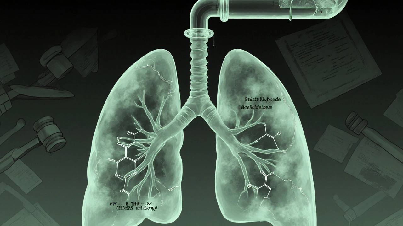 Eine durchscheinende Lunge mit giftigen Chemikalien in den Atemwegen, symbolisch für unsichere Dämpfe.