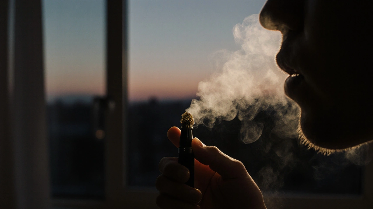 Eine Hand platziert ein winziges CBD-Crumble-Stück in einen Vaporizer.