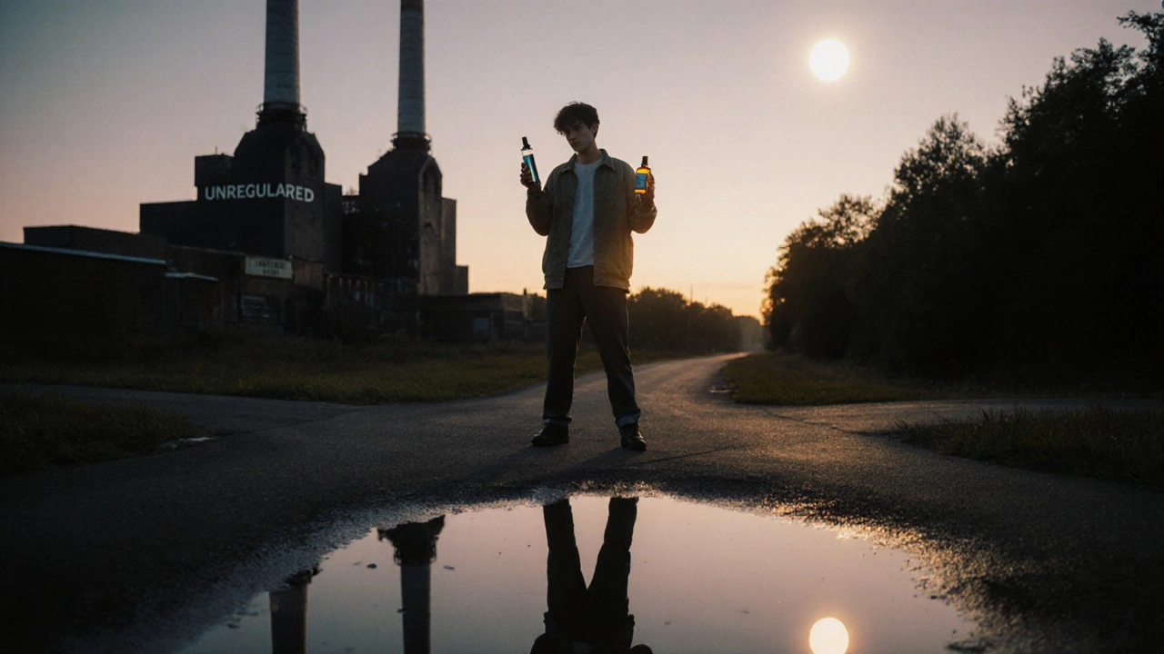 Eine Person an einer Kreuzung zwischen einem HHC-Dampfer und einer CBD-Flasche, im Hintergrund eine unregulierte Fabrik.