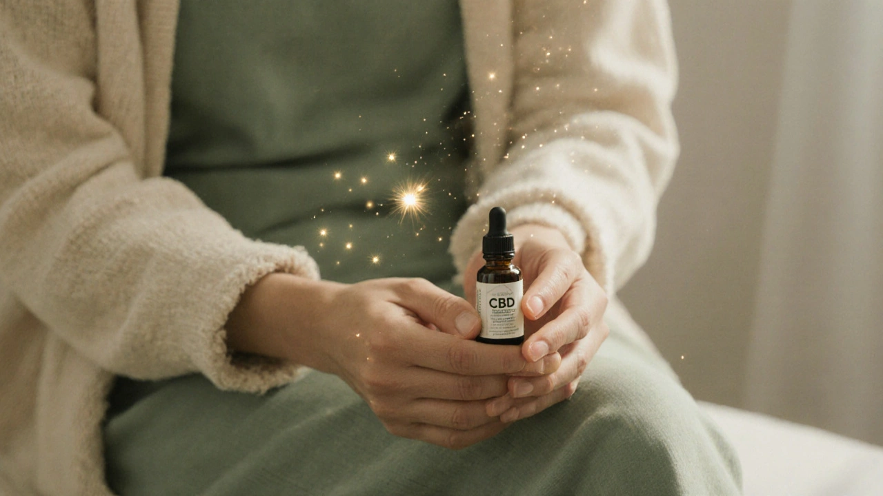 Eine Person hält eine selbstgemachte CBD-Öl-Flasche in morgendlichem Licht