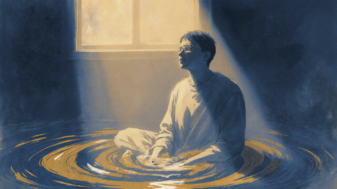 Eine Person in ruhiger Pose, umgeben von sanften, fließenden Lichtmustern, die die beruhigende Wirkung von HHC-P symbolisieren.