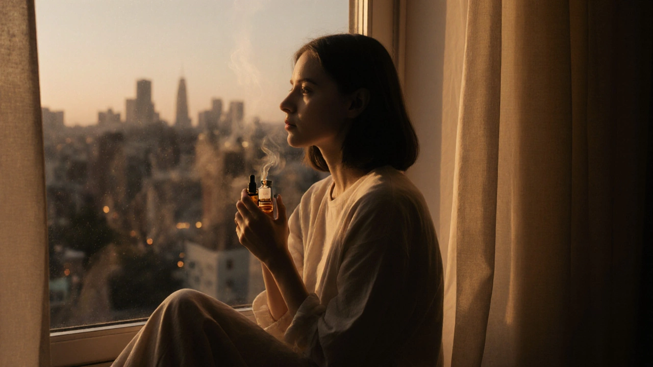 Eine Person sitzt ruhig am Fenster und hält eine Tropfflasche mit HHCO-Öl, sanftes Abendlicht.