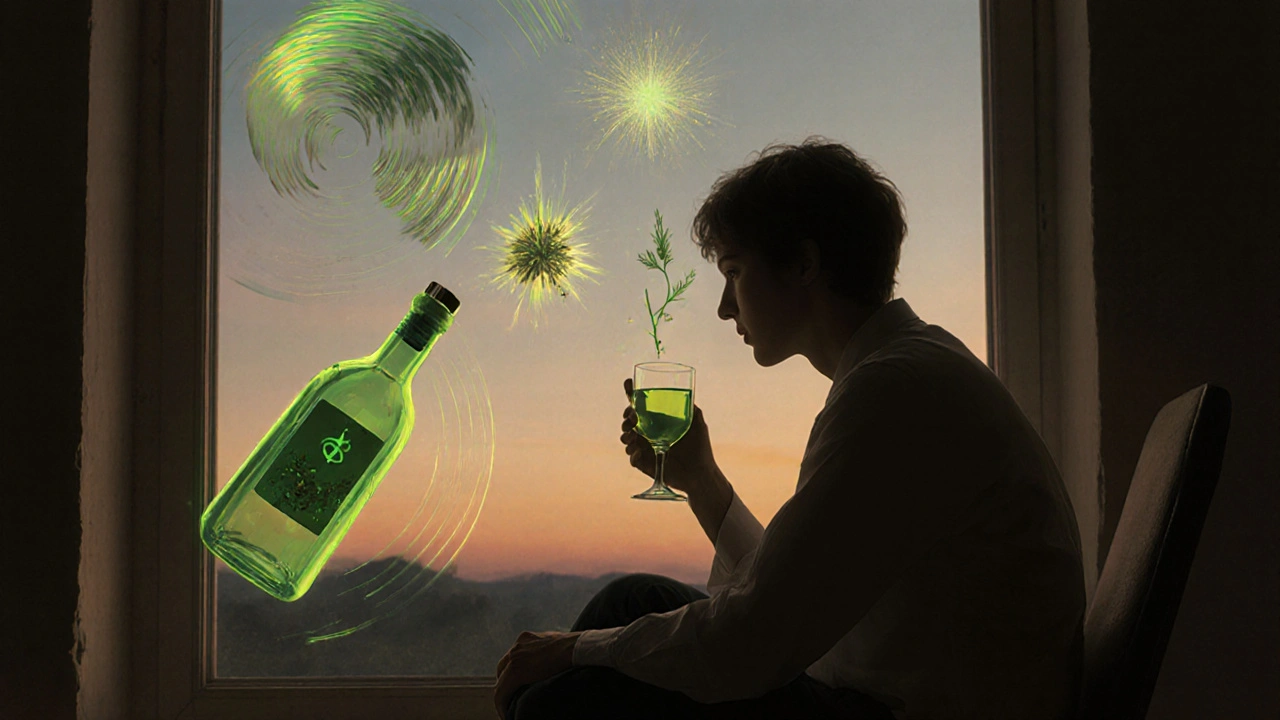 Eine Person sitzt still bei Dämmerung und hält ein Absinthglas, umgeben von abstrakten Symbolen der Wahrnehmung.