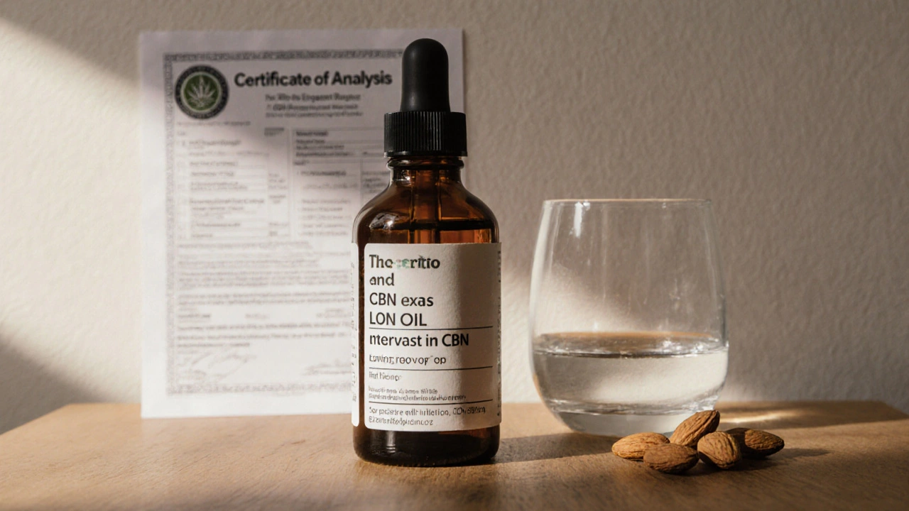 High-quality CBN oil bottle with lab certificate and healthy snacks on wooden table.