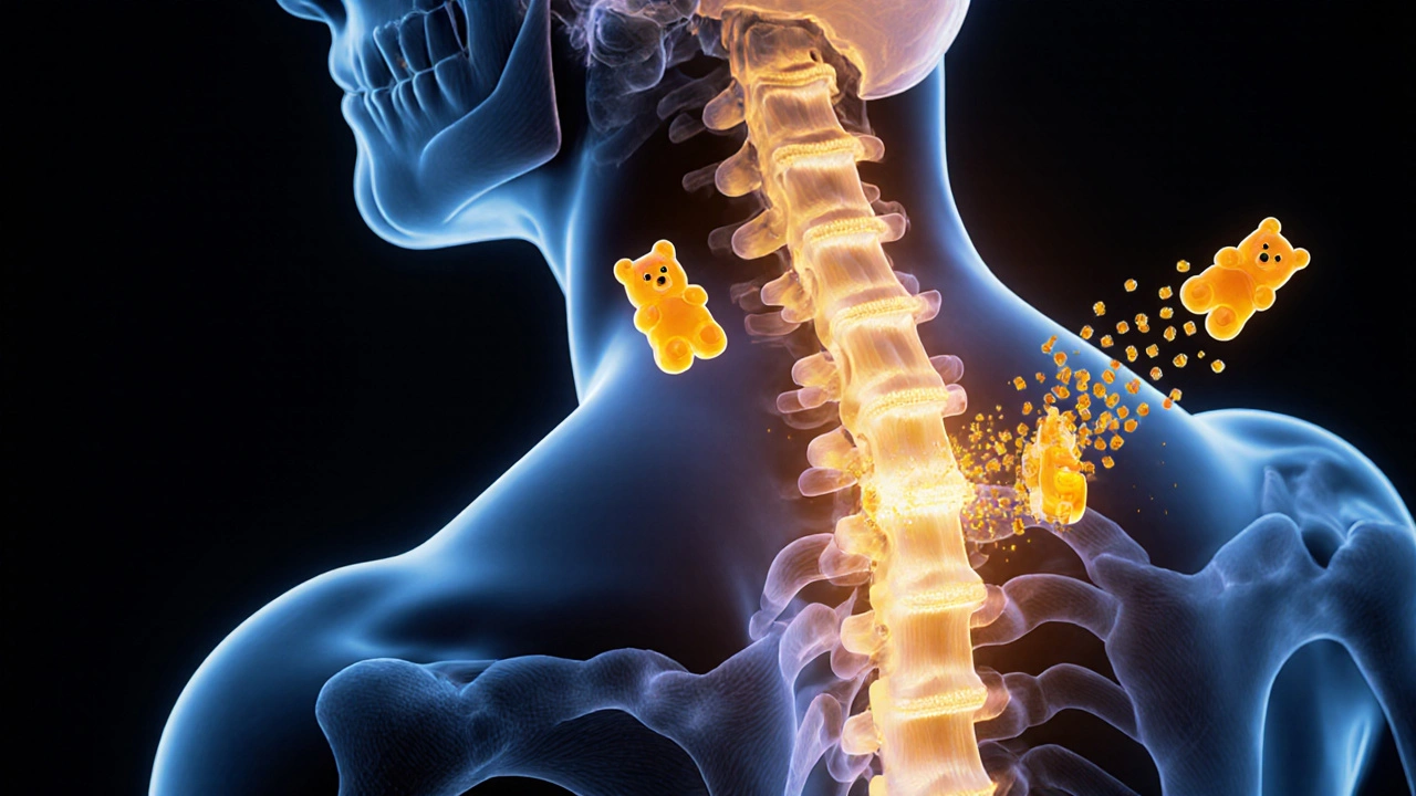 Illustrierte Wirbelsäule mit goldenem CBD-Licht, das Entzündungen reduziert